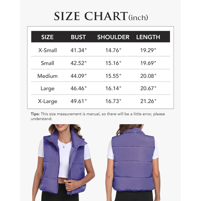 Жіноча жилетка Eorose Puffer, тепла осінньо-зимова жилетка без рукавів, фіолетовий колір, з кишенями (M)
