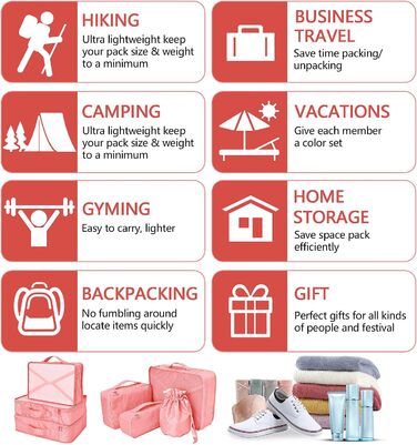 Органайзер для валізи: 8 комплектів, 7 кольорів. Набір для подорожей з водонепроникними мішками для взуття та компресійними мішками. Новий рожевий колір