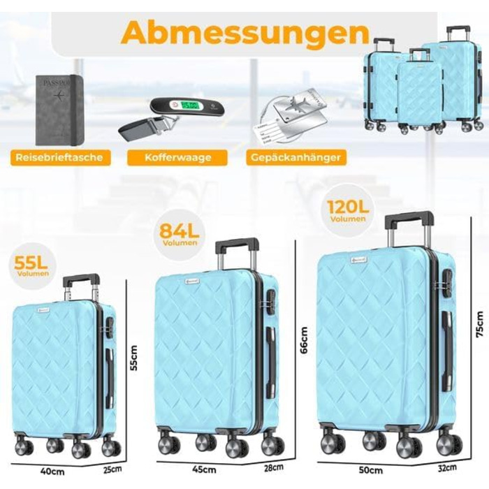 Набір валіз KESSER® 3 шт. | Валізи з ABS, кодований замок, ваги, органайзер, 360° колеса | Ручна поклажа та великі валізи для подорожей та бізнесу (Скай Блю)