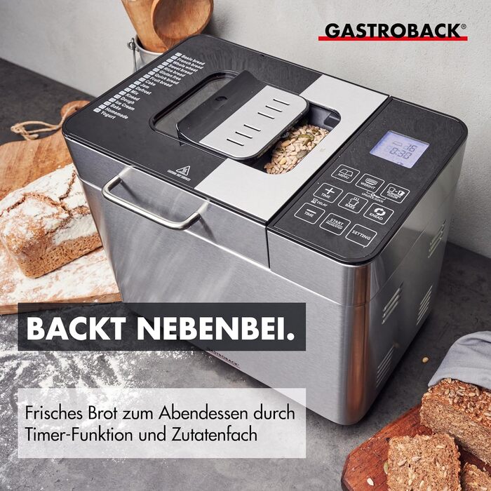Хлібопечка GASTROBACK Advance - повністю автоматична хлібопекарня з 18 програмами (вкл. йогурт), таймером, відсіком для інгредієнтів, оглядовим вікном, бротавтоматом / хлібопекарня з нержавіючою сталлю, для 1 особи