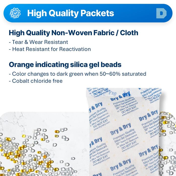 Dry & Dry 500 g [5 Pack] Food-grade orange indicator (Orange to Dark Green) mixed silica gel packets dehumidifier – rechargeable silica gel packet moisture absorber