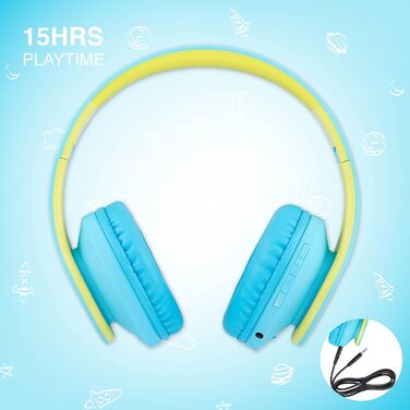 Дитячі навушники PowerLocus Bluetooth з обмеженням гучності 85dB, складні, з чохлом, Over-Ear, бездротові та з кабелем, з мікрофоном, Micro-SD, для телефону, ПК, планшета, зелені (синьо-зелені)