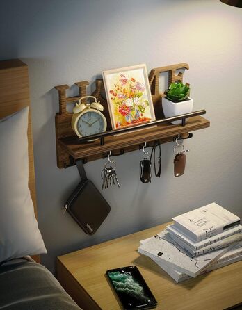 Дерев'яна полиця для ключів SWTYMIKI з 7 гачками - органайзер настінний, ключниця з полицею, браун