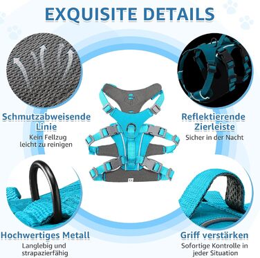 Нашийник для собак маленьких та середніх порід, не тягне, дихаючий, з ручкою, світловідбиваючий, нейлон, для прогулянок та повсякденного використання (Блакитний, L/XL)