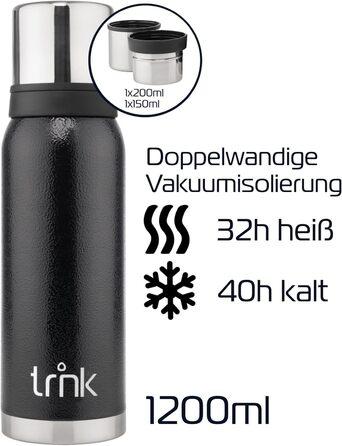 Термос TRNK Arktis 2 - 1200 мл, нержавіюча сталь, BPA-free, 32 години тепла, 2 стаканчики, для кухні