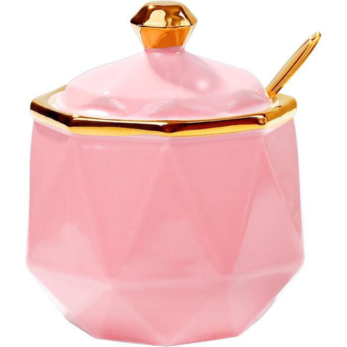 Sugar bowl with lid and spoon, 270 ml ceramic sugar bowl, multifunctional sugar container, spice container, salt shaker, spice dishes, sugar bowl for the kitchen, organization, 280 ml (pink)