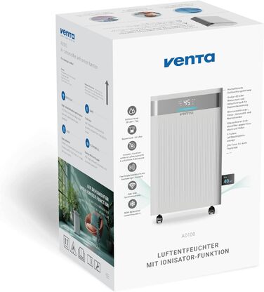 Зволожувач повітря Venta AD100 з іонізатором, 20л/добу, бак 4,5л, для приміщень до 40м²/100м³, автоматичне керування, режим сушіння білизни, R290, білий