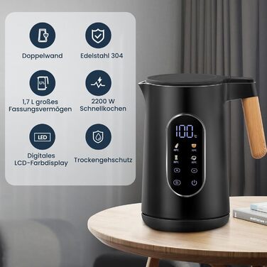 Електричний чайник VORSCH з нержавіючої сталі, 1,7 л, 2200 Вт, регулювання температури, підтримання тепла, захист від сухого кипіння, LCD-дисплей, поворотна база 360°, подвійні стінки, BPA-free, чорний з дерев'яною ручкою