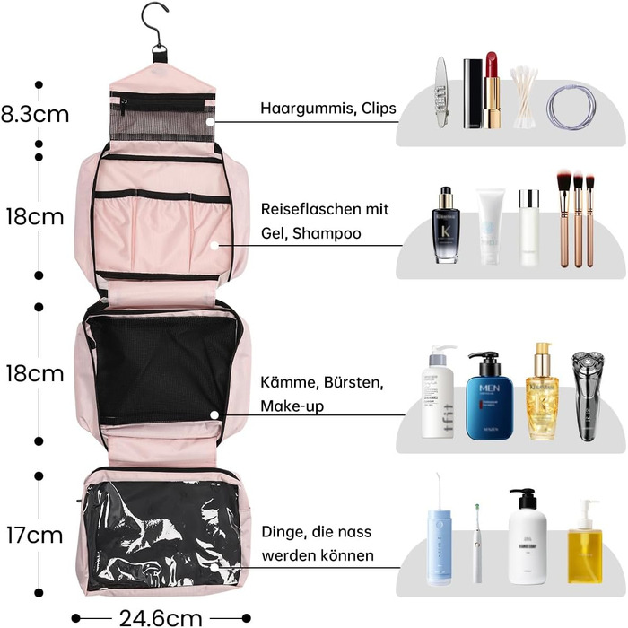 Сумка для туалетних аксесуарів на гачок, велика дорожня сумка-органайзер для жінок та чоловіків, 4-в-1 водонепроникна, для подорожей/кемпінгу, армійний зелений (рожевий)