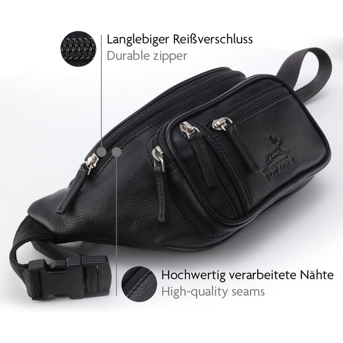 Чоловіча/жіноча поясна сумка Volmer Palma з натуральної шкіри, чорна, регульований ремінь до 130 см