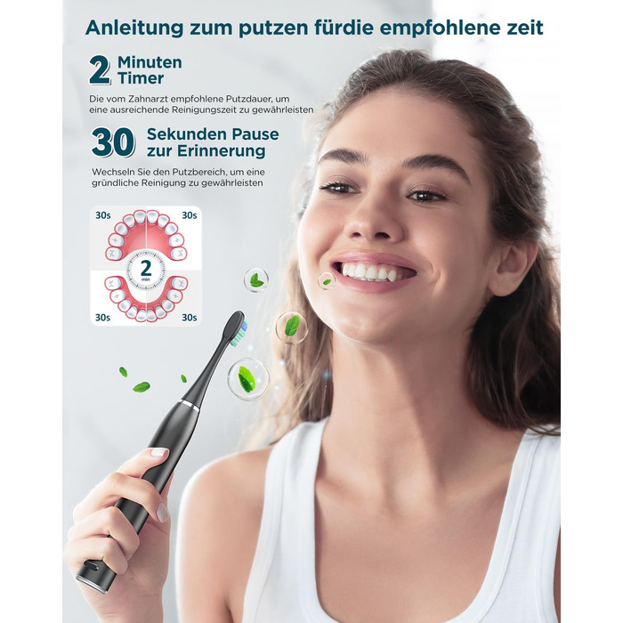 Електрична звукова зубна щітка для дорослих - відбілювання, ультразвукова, з кейсом для подорожей та зарядною станцією, 8 насадок, 5 режимів чищення (Чорна)