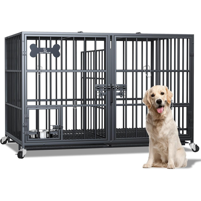 Клітка для собак, переноска для собак з піддоном, клітка-роздільник, клітка-ґратка з 2 дверцятами та піддоном, подвійна клітка 2 в 1 для великих та середніх собак, 107 x 73 x 69 см, чорний L