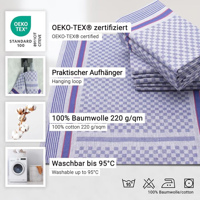 ZOLLNER 10-Piece Dishcloth Set, 50x100 cm, Cotton, Blue Checkered