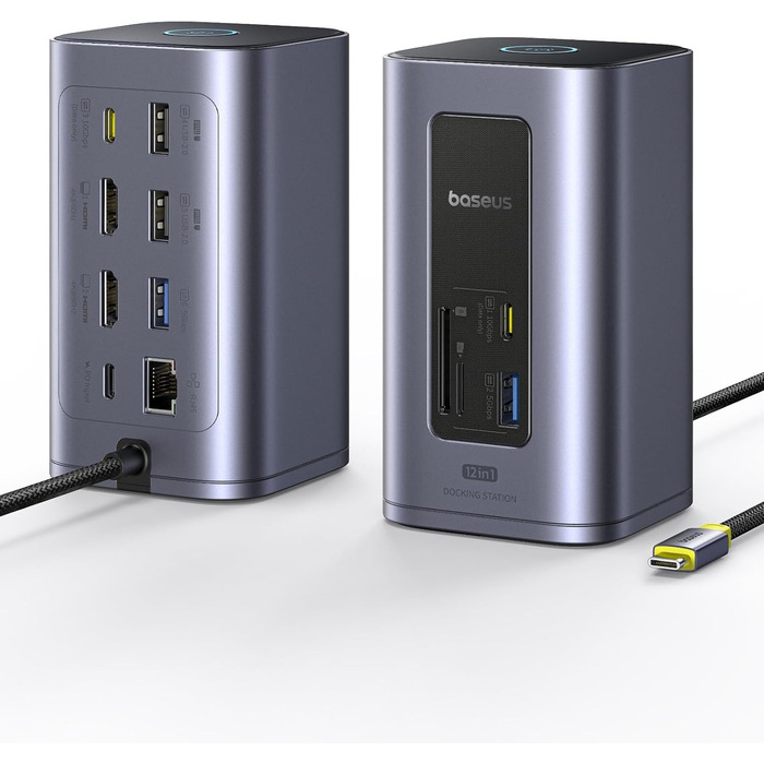 Базаус Док-станція USB-C 12-в-1 для ноутбуків Dell/HP/Lenovo/Asus/Acer/Mac: 2 монітори 4K HDMI, 10Gbps USB-C/A, 100W PD, Gigabit Ethernet