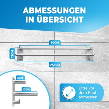 Тримач для рушників без свердління 60 см, нержавіюча сталь, для ванної кімнати, душової кабіни, кухні. В комплекті 2 гачки. Срібний колір