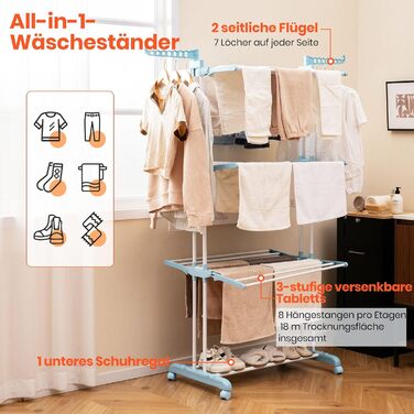 Сушарка для білизни GOPLUS 4-ярусна розкладна з 2 вішалками для одягу, 3 висувними полицями та полицею для взуття, з 4 колесами для використання в приміщенні та на вулиці (Синій колір)