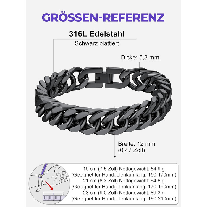 Чоловічий браслет Richsteel з нержавіючої сталі сріблястого/золотого/чорного кольору, ширина 12 мм, довжина 19 см, кубинський ланцюг, подарункова коробка