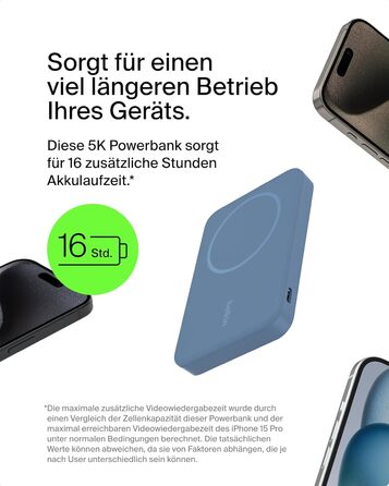 Belkin BoostCharge Pro Powerbank 10000mAh з Qi2 та MagSafe, з вбудованим підсвітником, для iPhone 17, iPhone Air, iPhone 16, 15, 14, Pixel та інших – (5K, Blue)