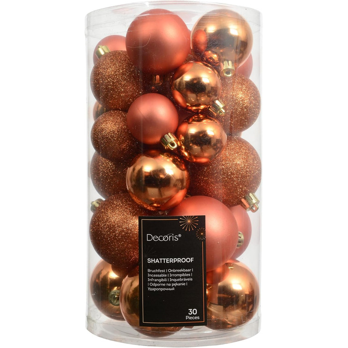 Шарди для ялинки Kaemingk, пластик, 6 см, 30 шт. - класичні, неб'ючі - набір прикрас для ялинки, матові, блискучі, з глітером - теплий помаранчевий колір