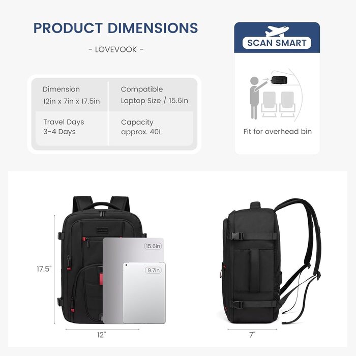 LOVEVOOK Рюкзак для ручної поклажі, дорожній рюкзак чоловічий/жіночий, 40л, з відділенням для ноутбука, чорний (45 x 32 x 20 см)