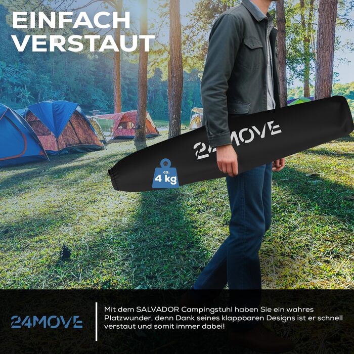 Складний туристичний стілець 24MOVE® для кемпінгу та відпочинку, до 150 кг, з підлокітниками, кишенею для напоїв та сумкою, чорного кольору