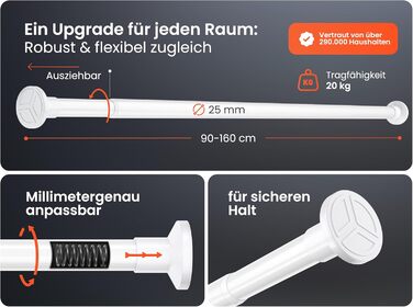 Штанга для душу без свердління 160-210 см, срібна, Ø 25 мм, телескопічна, з кріпленнями - для ванної, душу та перегородки