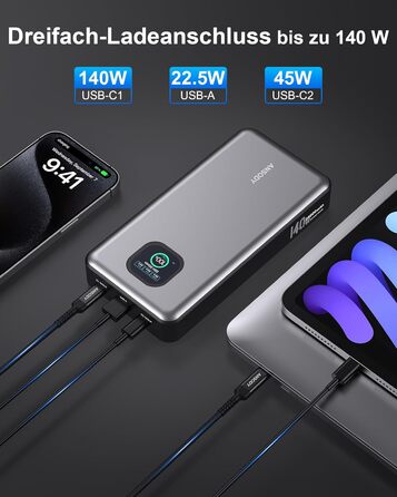 Powerbank 140W, 25000mAh з цифровим дисплеєм, PD3.1 для ноутбуків, MacBook, iPad, iPhone, Switch, Steam Deck (Срібний)