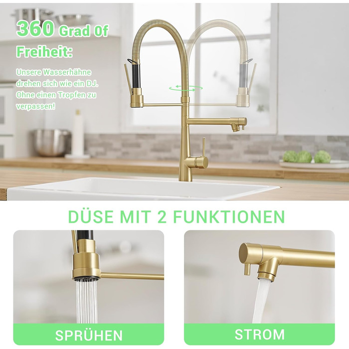 LED кухонний змішувач зі спіральною пружиною, 360° обертання, двотрубний, висувний, для кухні, з душем, високий тиск, нікель, LED, преміум якість