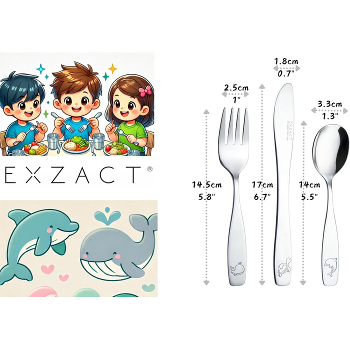 Набір дитячого столового приладдя EXZACT Kinderbesteck Set (18 предметів) з нержавіючої сталі для дітей від 2 років. Можлива гравіювання, безпечні ножі, підходить для миття в посудомийній машині.