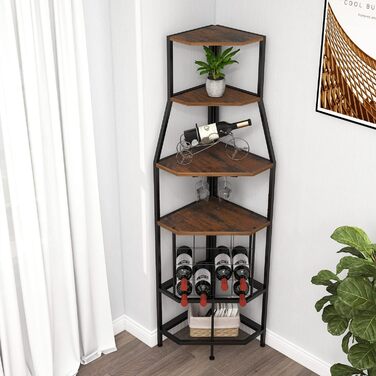 VEDECASA Corner Wine Rack Freestanding 5-Tier Corner Bar Shelf with Glass Holder and Wine Storage Industrial Wine Rack Wine Bar Cabinet for Kitchen Bar Cellar Dining Room vintage brown-black