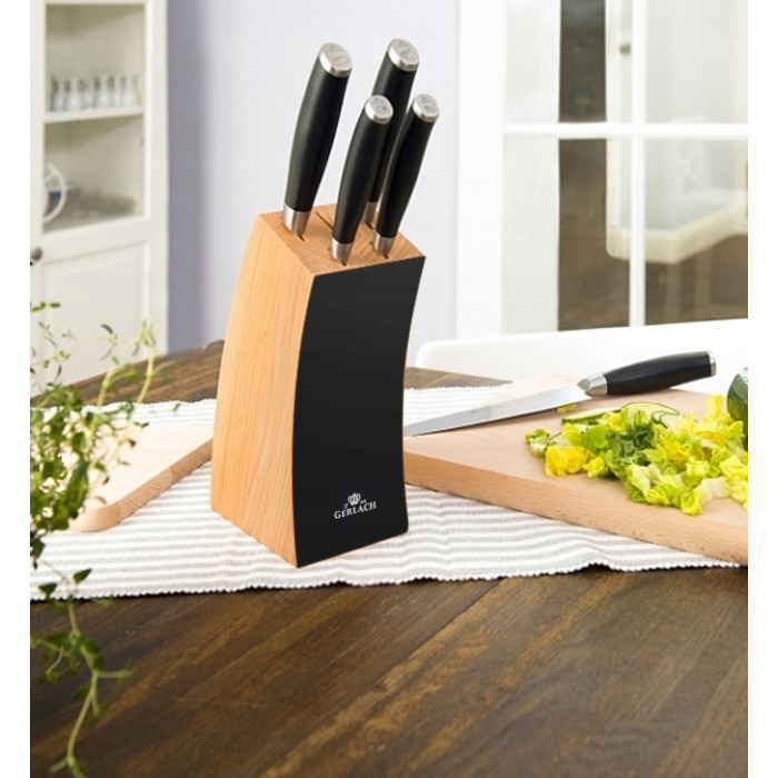 Набір ножів Gerlach Deco Black (5 предметів) у дерев'яному блоці з дощекою та точилом