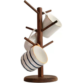Wooden Mug Holder with 6 Hooks, Countertop Mug Stand, Coffee Bar Accessories & Organizer Station, White (Brown)