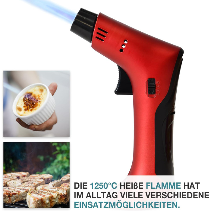 Набір газового пальника TOM Flambierbrenner Jetflame (Червоний) з балоном бутану, професійний кулінарний пальник з замком безпеки для кухні, кемпінгу та майстерні