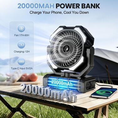 Вентилятор портативний Ateroll 20000 mAh з розпилювачем, USB, пульт, LED, гачок для підвішування. Для кемпінгу, дому, тераси, подорожей - Чорний