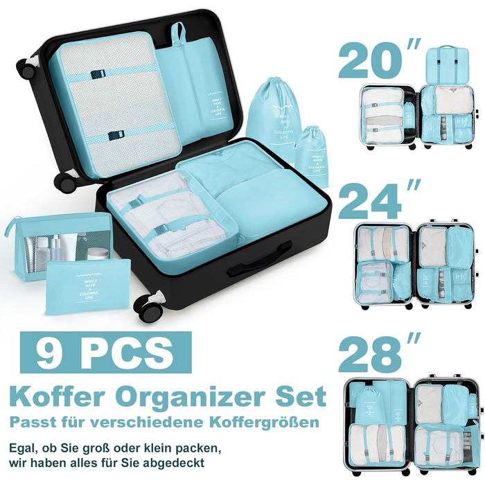 Органайзери для валізи OBSGUMU, набір 9 шт. - Кубики для пакування, косметичка, аксесуари для подорожей (блакитний)