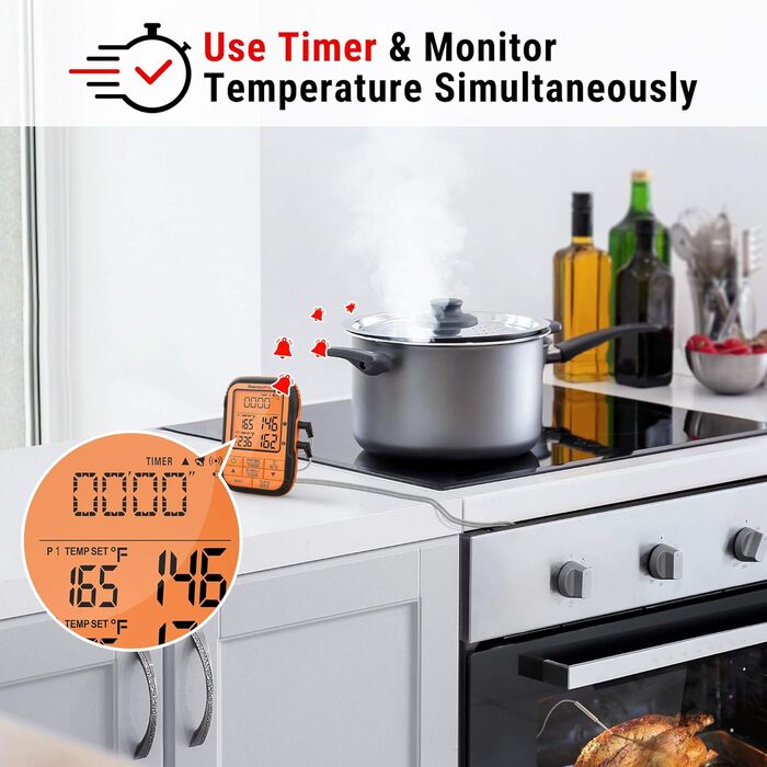 Бездротовий термометр для гриля ThermoPro TP27C 150 м, водонепроникний IPX4, кухонний м'ясний термометр із великим LCD-дисплеєм, 2 зонди для BBQ, газового гриля, Dutch Oven