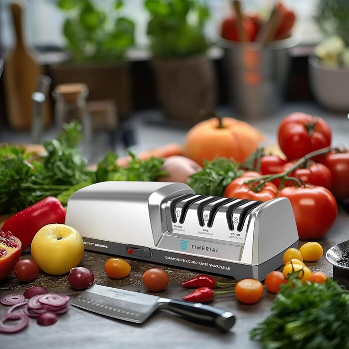 Електричний точило для ножів TIMERIAL з алмазними дисками 3-х ступенів, 15° кут, для сталевих кухонних ножів, 120/600/1000 grit