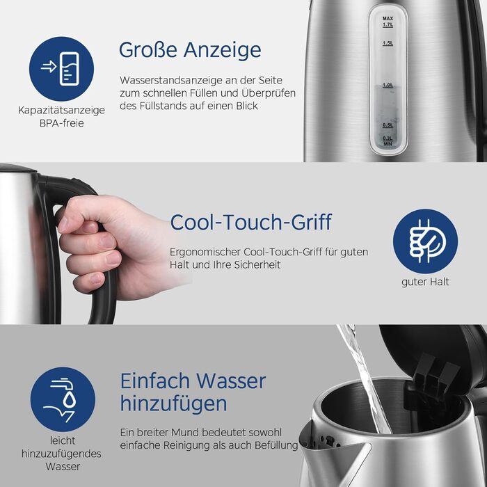Midea 1.7L Stainless Steel Electric Kettle - Fast Boil, LED Display, 360° Base, BPA-Free