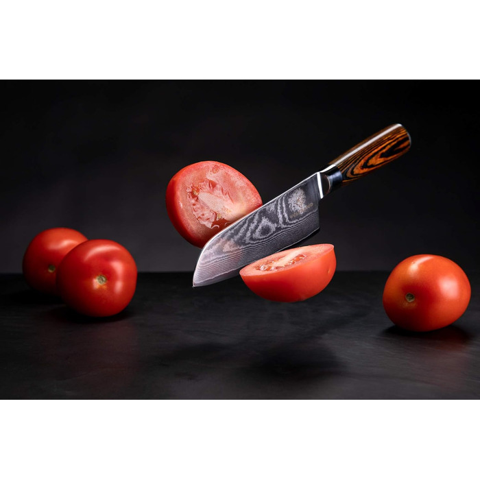 Ніж Santoku з дамаської сталі Wolfblood (24 см) – професійний кухонний ніж з 67 шарів дамаської сталі, дерев'яною ручкою, подарункова коробка та захист леза