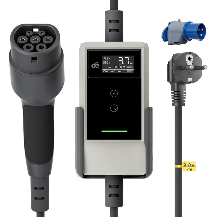 Кабель зарядки для електромобіля тип 2 Schuko 3,7kW (6-16A, 1-фазний) з LCD дисплеєм, 7м, для ID.3/4/5/7, Model Y/3, ENYAQ та інших PHEV/EV