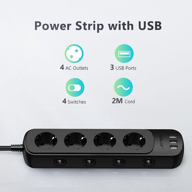 Мережевий фільтр JSVER з індивідуальним вимикачем, 4 розетки, 3 USB-порти, 3680W, 16A, 1.5м, чорний