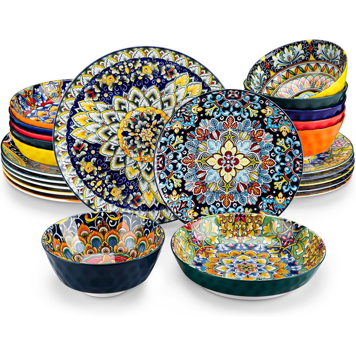 Tableware service for 6 people, vancasso simi 24-piece combination tableware set made of porcelain, dinnerware set with dinner plates, dessert plates, soup plates, and bowls, Bohemian style 24-piece tableware service