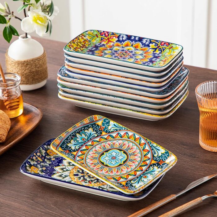 Vancasso Serving Plates, Porcelain, SIMI Rectangular Plate Set, 6-Piece Bohemian Dinner Plate Set, Plate Set for 6 People, 22 x 13 x H 2.3cm