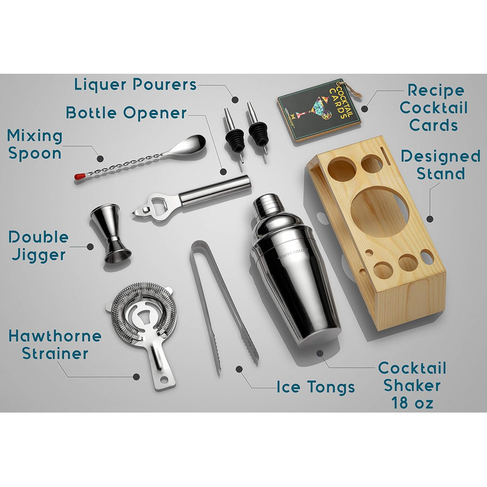 Набір для коктейлів та міксології 10 предметів з підставкою - професійний шейкер для коктейлів з нержавіючої сталі, барний інвентар, рецепти