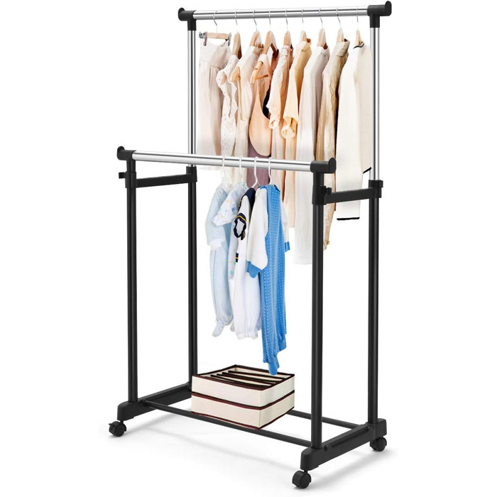 COSTWAY Clothes Rack with 2 Height-Adjustable Clothes Rods, Coat Rack on Wheels, Rolling Wardrobe, Clothes Cart, Stable Clothes Rack, 86 x 43 x 94-168cm, Black
