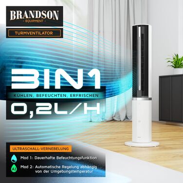 Вентилятор вежний з охолодженням водою Brandson – Преміум 2026. Зволожувач повітря, DC-мотор, 12 швидкостей, пульт ДУ