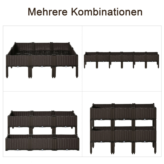 Outsunny Raised Garden Bed 6-Piece Planter Box Rattan-Look with Drainage Holes DIY Brown 40x40x44cm for Garden & Balcony