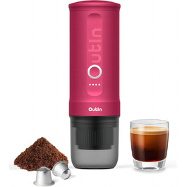 Outin Portable Electric Espresso Machine, Camping Coffee Maker, Self-Heating with USB-C, Compatible with Ground Coffee & Nespresso Capsules - Fuchsia Pink