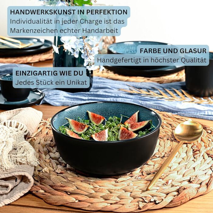 Набір посуду SÄNGER Vigo (18 предметів) | Керамічний набір посуду на 6 осіб | Тарілки, миски, десертні тарілки | Bluе з чорним бордюром, стійкий до подряпин