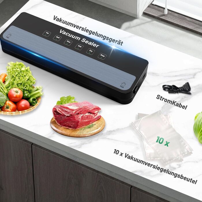 Вакуумний пакувальник Raycial: комплект з пакетами, для сухих та вологих продуктів, герметизатор харчових продуктів, компактний, автоматичний, чорний